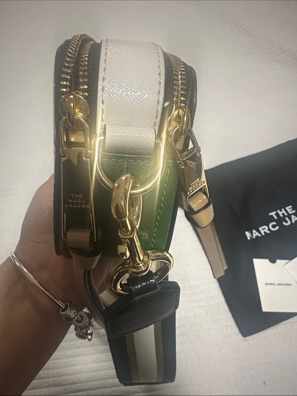 Marc Jacobs Gold Saffiano Camera Crossbody with Striped Strap - Picture 9 of 11